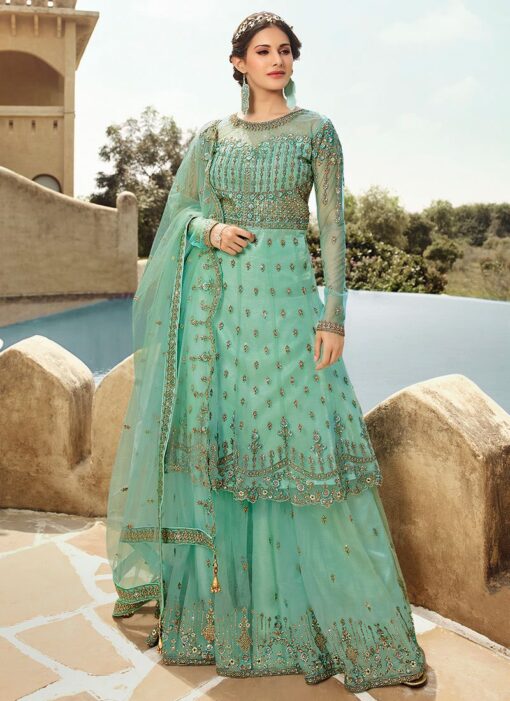 Turquoise Blue Net Frock Style Palazzo Suit