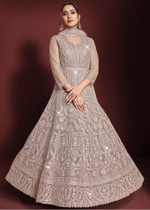 Mauve Embroidered Net Anarkali Suit