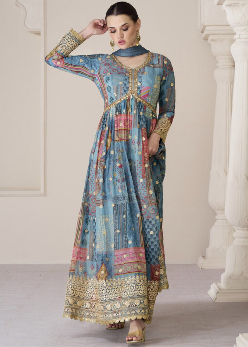 Blue Organza Silk Anarkali Suit