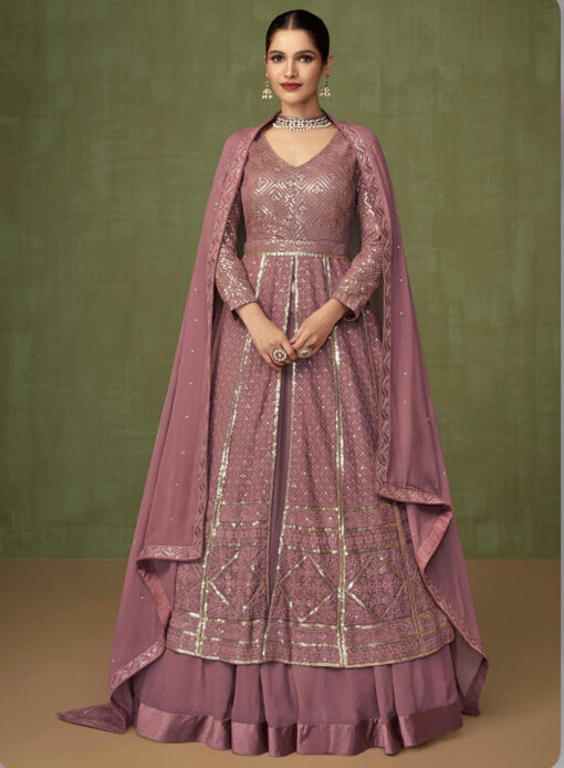 Mauve Embroidered Anarkali Lehenga