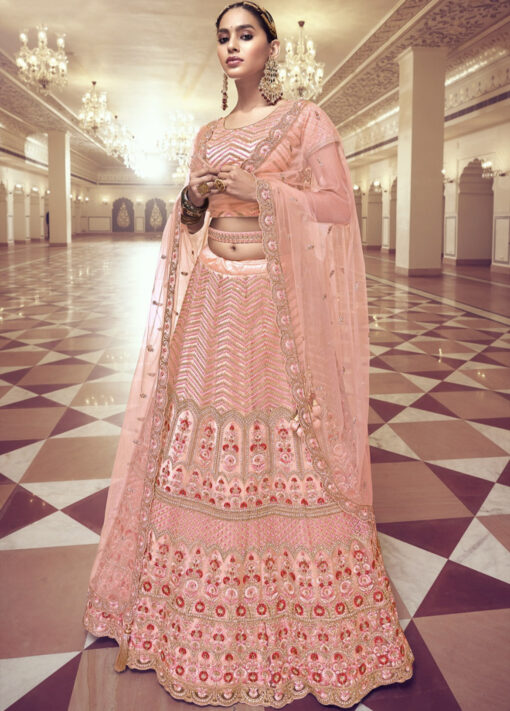 Peach Net Wedding Lehenga Choli