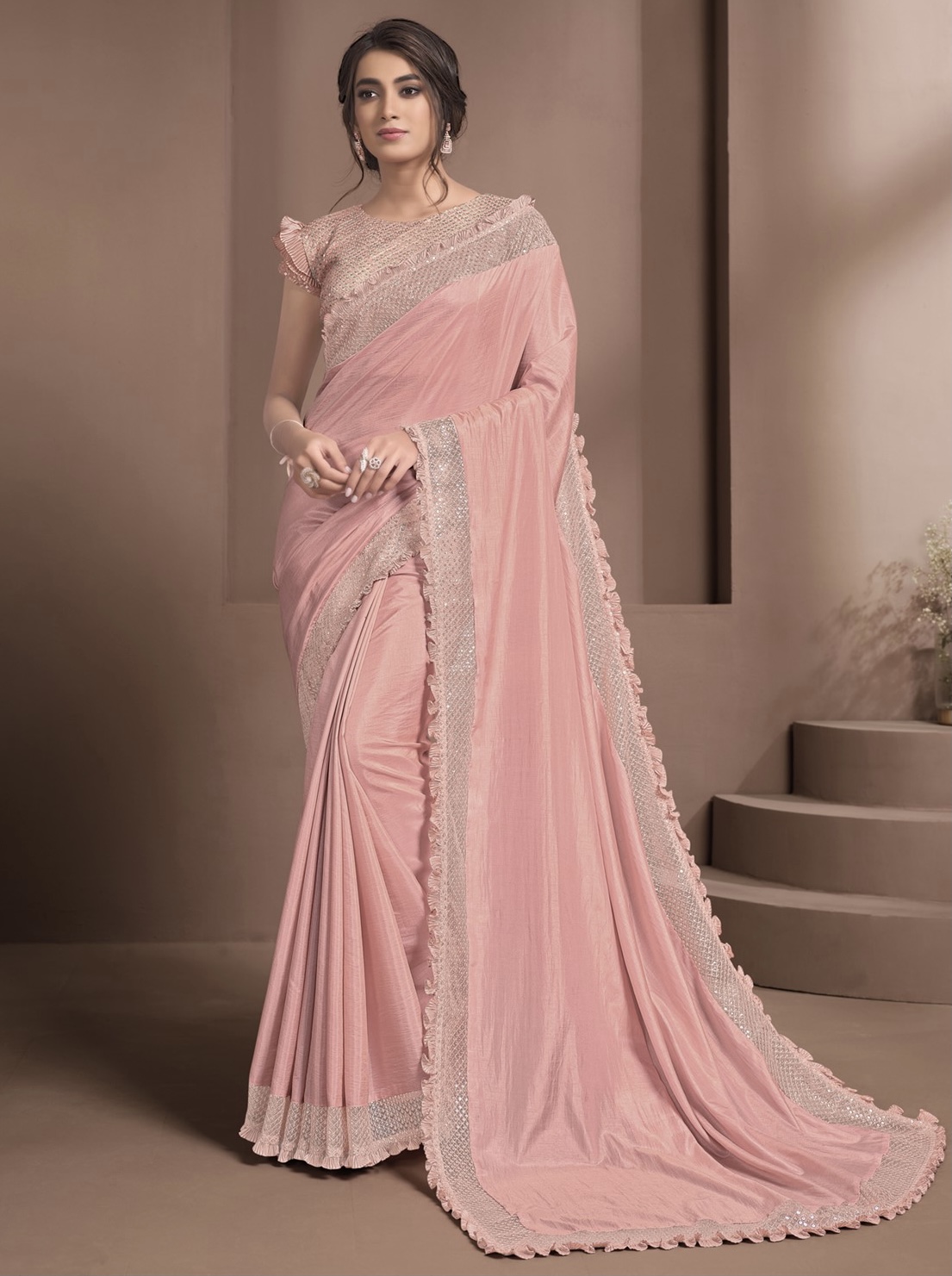 Peach Silk Georgette Party Wear Saree Sarees Designer Collection