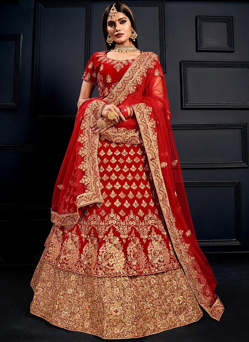 Red Velvet Heavily Embroidered Bridal Lehenga Choli Lehengas, Ready