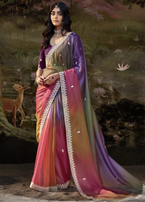 Multi Coloured Embroidered Wedding Saree