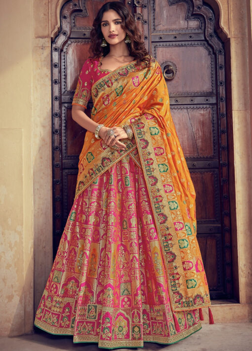 Pink Woven Silk Embroidered Bridal Lehenga Choli