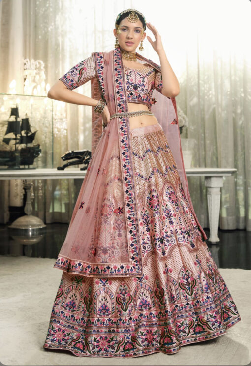 Peach Silk Sequinned Lehenga Choli