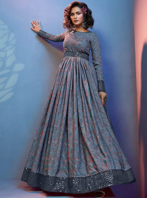 Grey Floral & Sequin Anarkali Gown