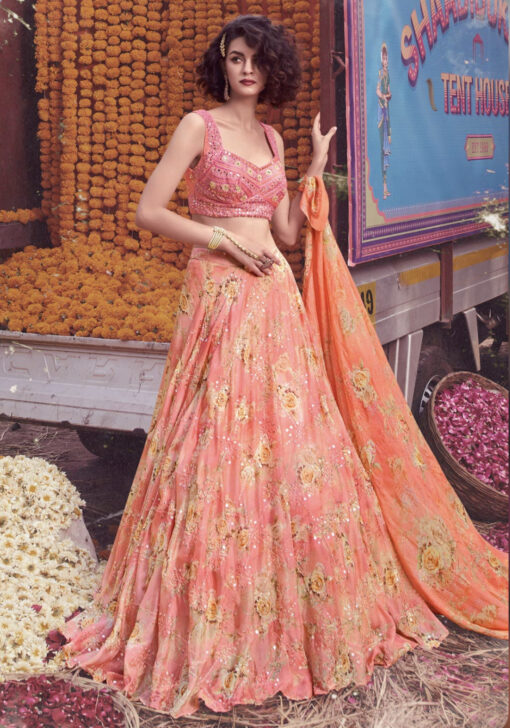 Pink Chinon Silk Sangeet Lehenga Choli