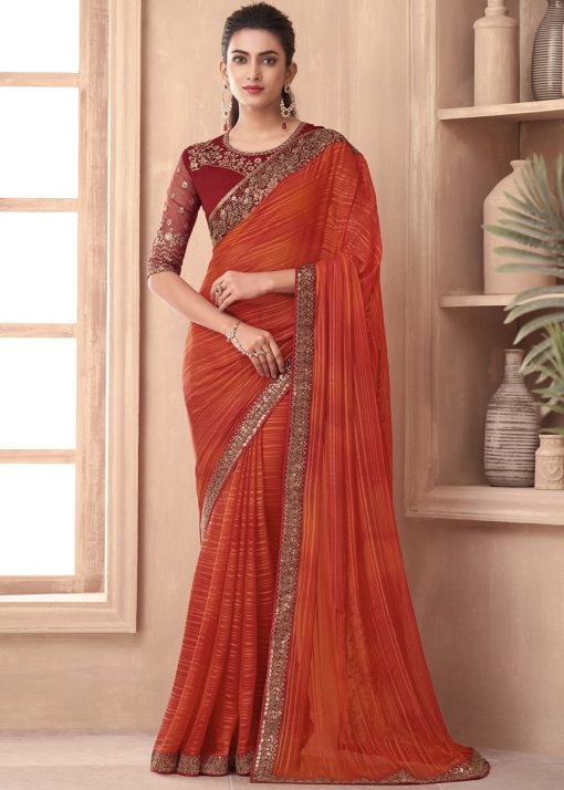 Shaded Orange Embroidered Border Party Wear Saree