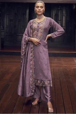 Purple Embroidered Textured Silk Palazzo Suit
