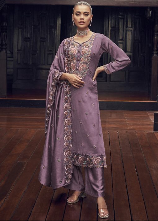 Purple Embroidered Textured Silk Palazzo Suit