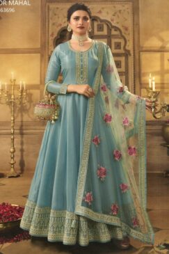 Cyan Blue Dola Silk Embroidered Anarkali Suit