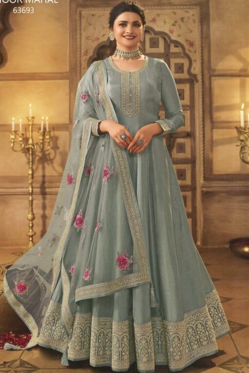 Grey Dola Silk Embroidered Anarkali Suit