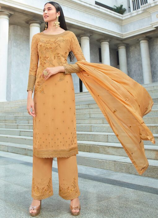 Pale Orange Georgette Embroidered Pant Suit
