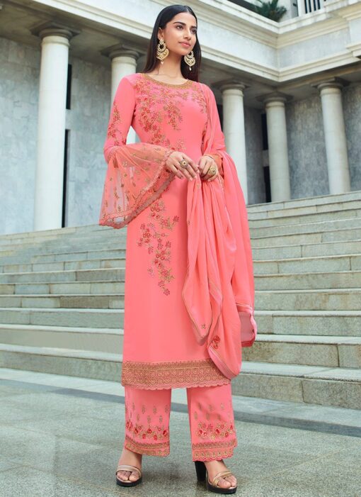 Pink Georgette Embroidered Pant Suit