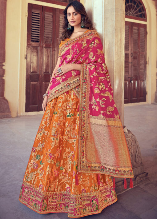 Orange Woven Silk Embroidered Bridal Lehenga Choli