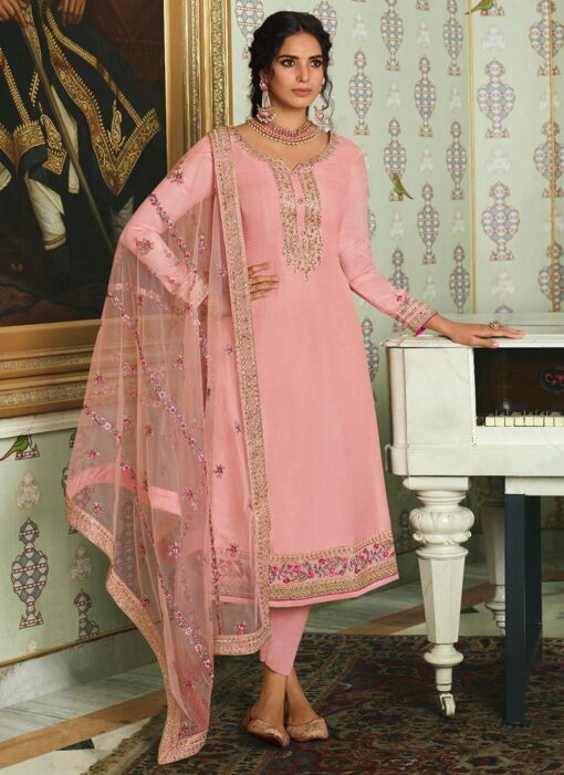 Pink Tussar Silk Straight Cut Pant Suit