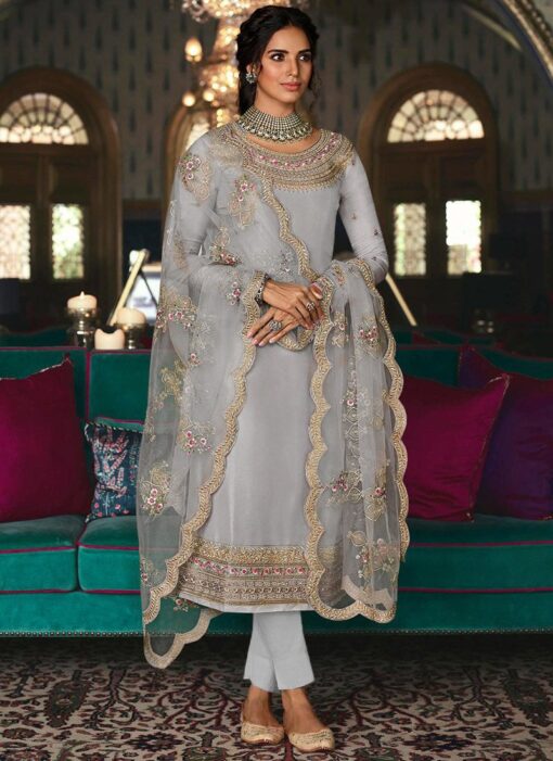 Pale Grey Tussar Silk Straight Cut Pant Suit