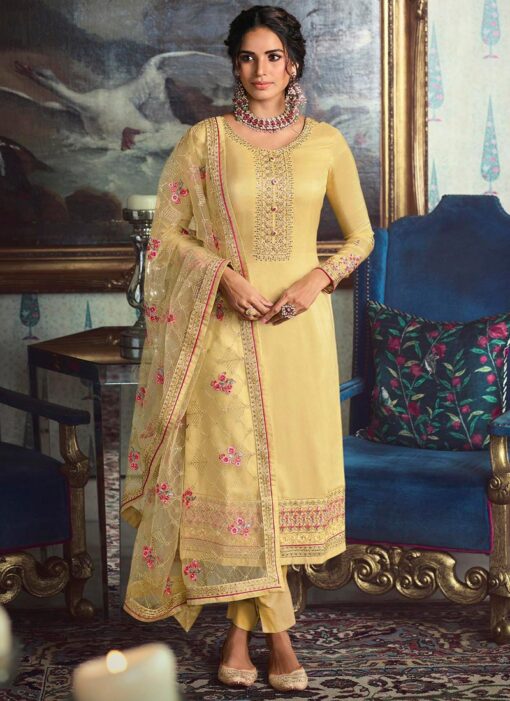 Yellow Tussar Silk Straight Cut Pant Suit
