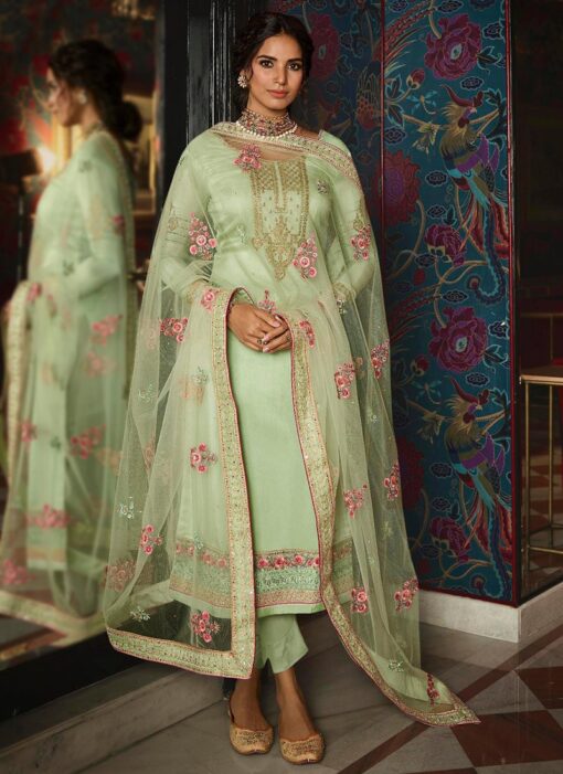 Pale Green Tussar Silk Straight Cut Pant Suit