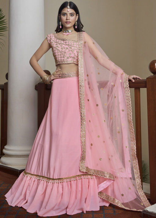 Pink Party Wear Silk Frill Lehenga Choli
