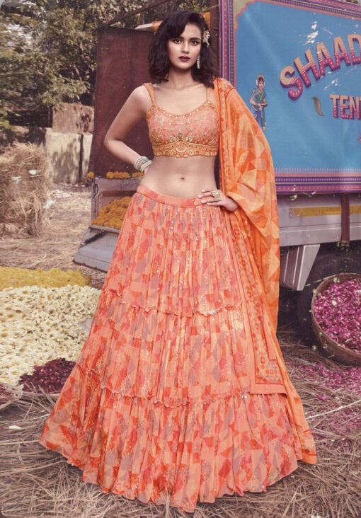 Peach Chinon Silk Sangeet Lehenga Choli