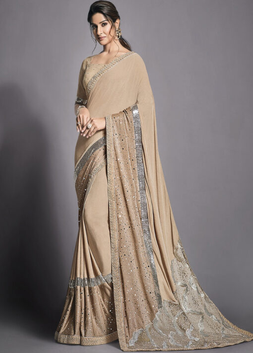 Beige Lycra Party Wear Saree