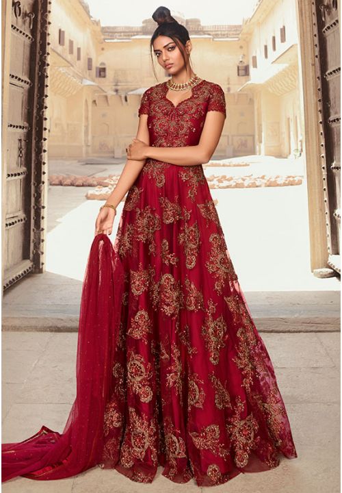 Berry Red Net Embroidered Anarkali Dress