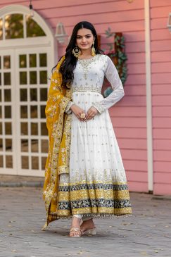 Alternative view of White Color Anarkali Suit in Georgette Fabric with Yellow Color Dupatta