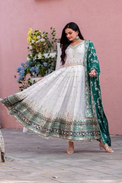 White Color Anarkali Suit in Georgette Fabric with Rama BLue Color Dupatta