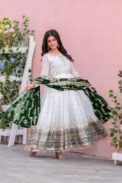 Alternative view of White Color Anarkali Suit in Geoegette Fabric  with Green Color Dupatta