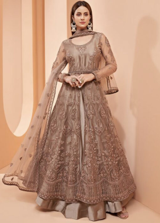 Brown Net Embroidered Anarkali Lehenga Suit