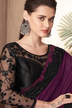 Alternative view of Purple Embroidered Border Party Wear Saree