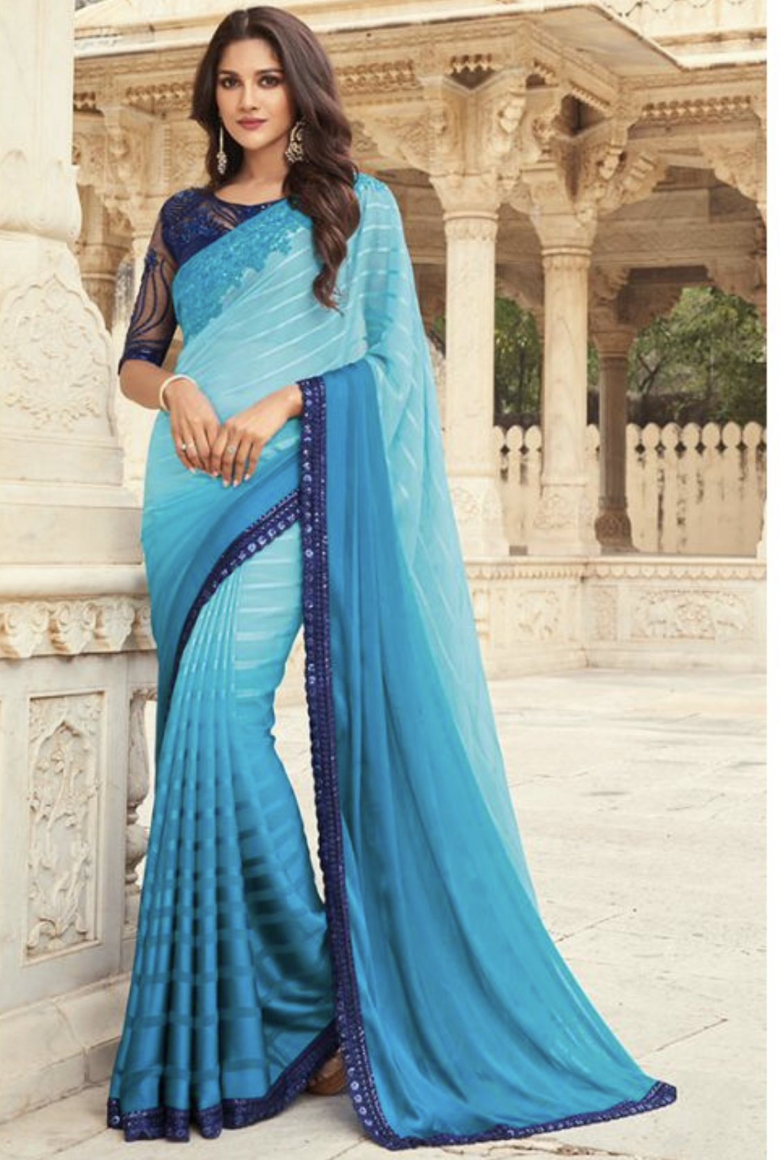 Plain Georgette Teal Blue Saree With Embroidered Blouse|SARV143406