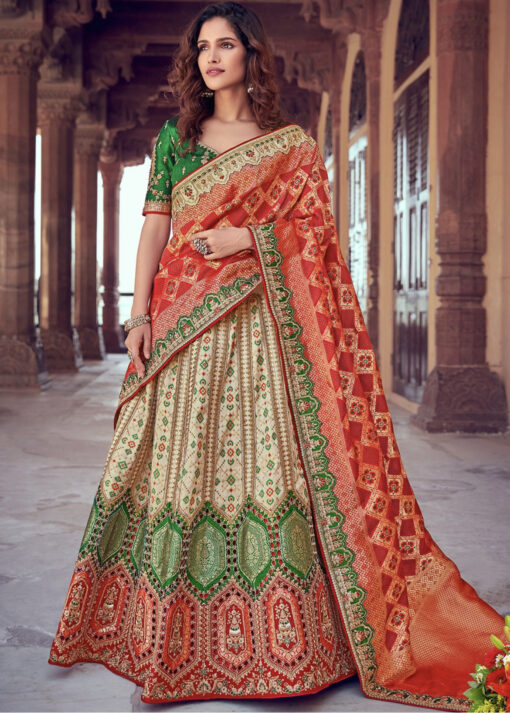 Multicoloured Silk Embroidered Bridal Lehenga Choli