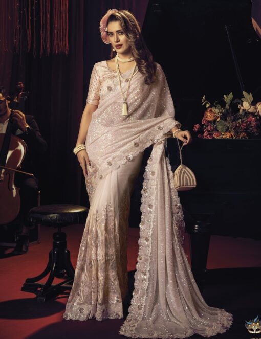 Peach Sequence Digital Net Bridal Saree