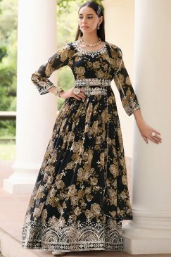 Black Abaya Style Floral Printed Anarkali Suit