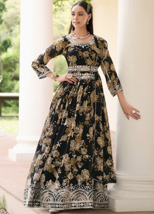 Black Abaya Style Floral Printed Anarkali Suit