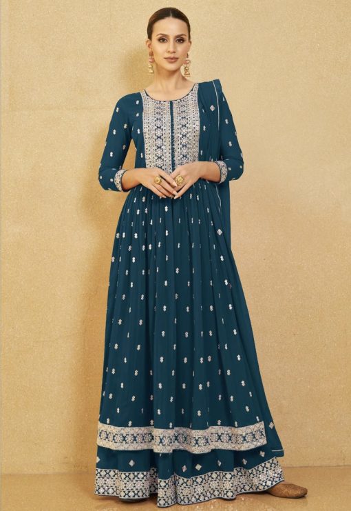 Teal Georgette Anarkali Palazzo Suit