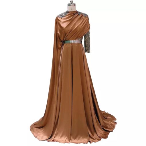 Brown Sheer Back Luxury A-Line Evening Dress