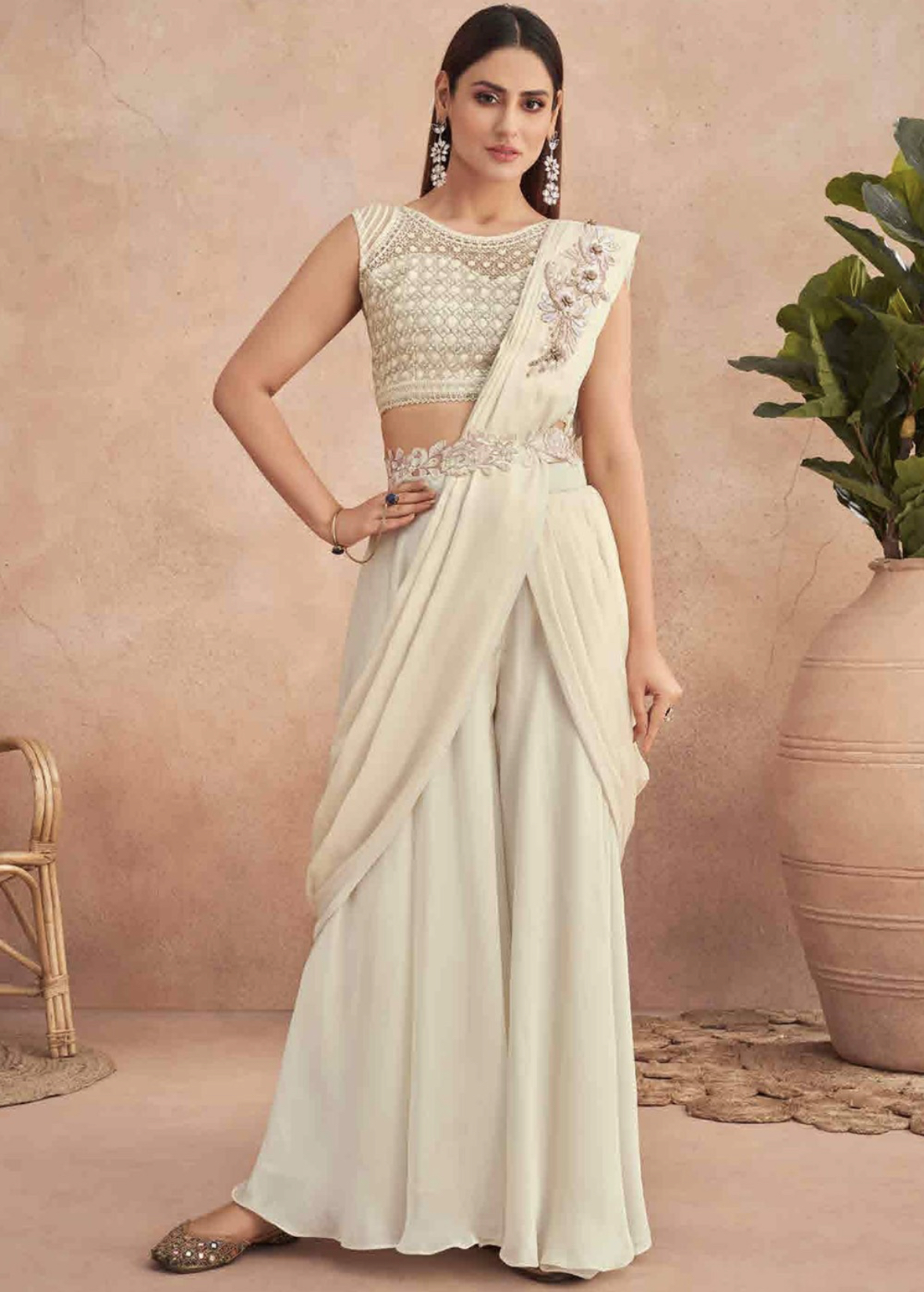 Off White Lehenga Style Saree With Belt Ready To Ship Sarees