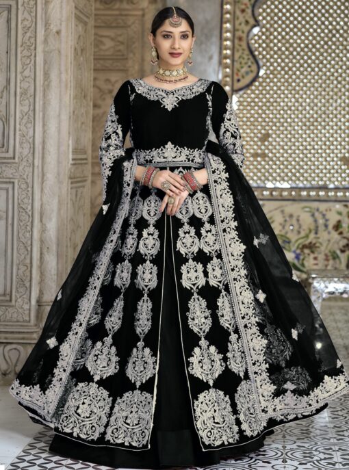 Black Velvet Front Slit Bridal Anarkali Style Lehenga