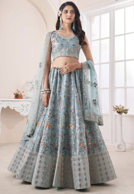 Turquoise Art Silk Embroidered Lehenga Choli