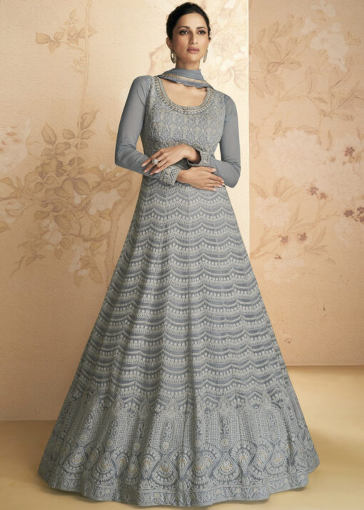 Grey Embroidered Anarkali Suit