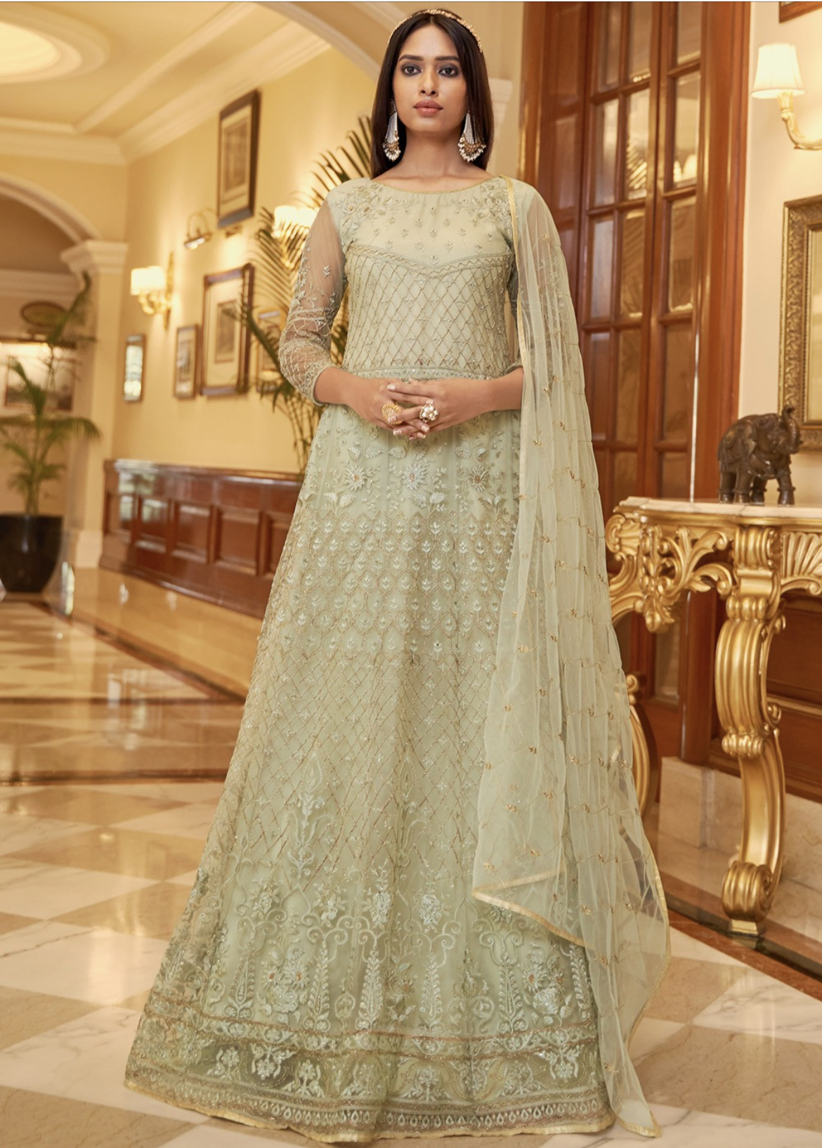 Light Green Net Embroidered Anarkali Suit Salwar Kameez Designer