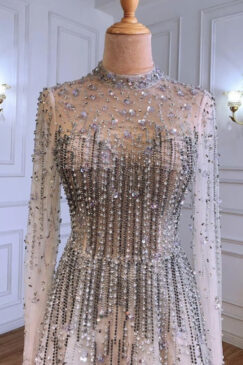 Alternative view of Sequinned High Neck A-line Beaded Evening Dress