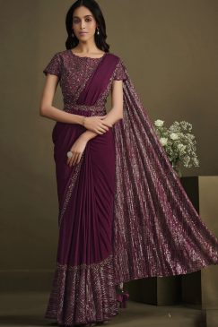 Wine Silk Pre Pleated Designer Saree