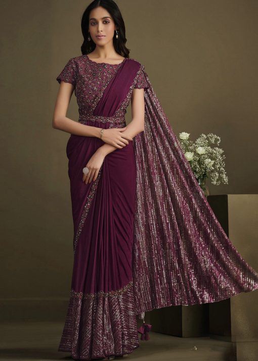 Wine Silk Pre Pleated Designer Saree