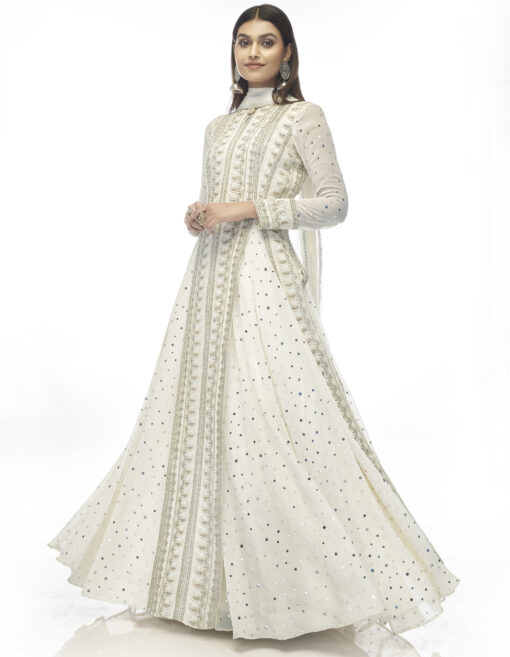Mirror Work White Georgette Long Choli Lehenga Suit