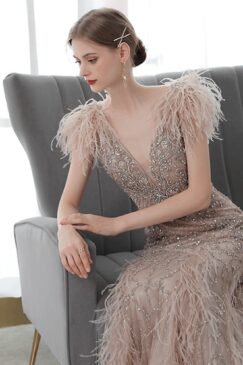 Alternative view of Heavy Beaded Feathered Evening Gown
